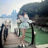 Korean Style Sweet Party Mini Dress Women Green Chiffon France Elegant Dress Female Bubble Sleeve White Casual Fairy Dress