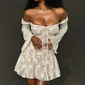 Vintage White Lace Mini Dress For Women Flared Long Sleeve Party Evening Dress A-Line Short Prom Dress Elegant Gown