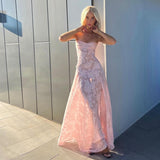 Elegant Fairy Fashion See Through Maxi Dress For Women Sexy Backless Straps Gown Club Party Long Dresses Vestidos Clothes Pink