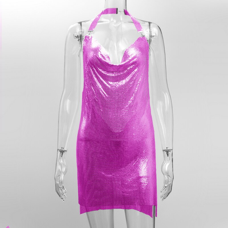 Shiny Luxury Sequined Low Cut Halter Mini Dress Backless Patchwork Split Sleeveless Hollow Out Party Sexy Women Solid Dresses