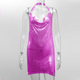 Shiny Luxury Sequined Low Cut Halter Mini Dress Backless Patchwork Split Sleeveless Hollow Out Party Sexy Women Solid Dresses