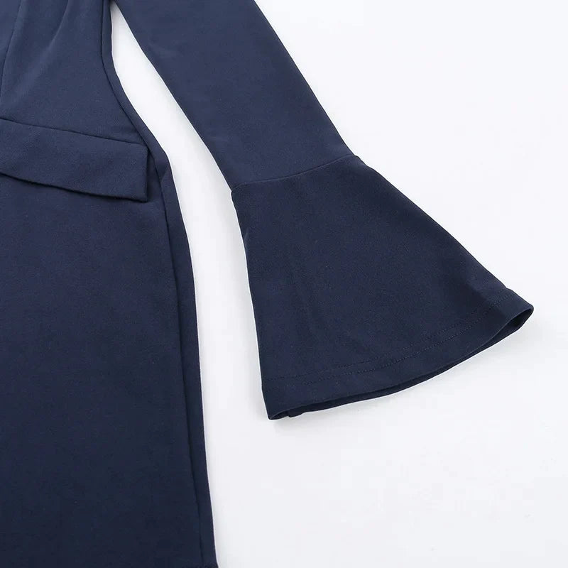 Women Elegant Dark Blue Commuting Mini Dress  Autumn Sexy Pocket Long Sleeve Bodycon Dresses Lady Chic Party Club Robe