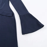 Women Elegant Dark Blue Commuting Mini Dress  Autumn Sexy Pocket Long Sleeve Bodycon Dresses Lady Chic Party Club Robe