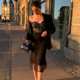 90s Vintage Lace Patchwork Split Midi Dress Chic Women Sexy Backless Spaghetti Strap Dresses Birthday Party Night Streetwear