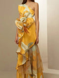 Elegant Women's Printed Vestidos Sleeveless Neck-mounted Female Formal Wear Aesthetic Layered Ruffled Hem Evening Party Dresses