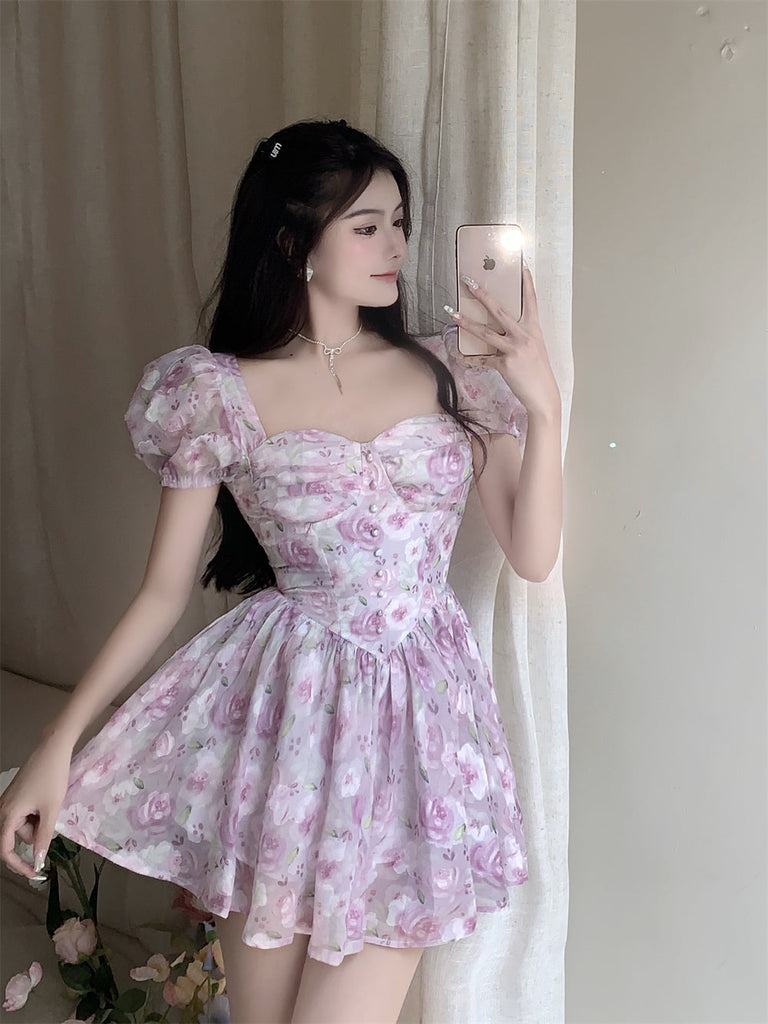 woloong Retro Chic Floral Dress Women's Summer Square Collar Dresses High Waist Short Sleeved A-line Party Slim Mini Dress Vestidos