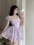 woloong Retro Chic Floral Dress Women's Summer Square Collar Dresses High Waist Short Sleeved A-line Party Slim Mini Dress Vestidos