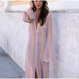 Patchwork Deep V-neck Women's Knit Dress Casual Full Flare Sleeve Crocheted Slit Long Dresses Female Autumn Party Vestidos