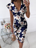 Sexy V-Neck Slim Office Lady Dress Ruffle Short Sleeve Bodycon Knee-length Dresses For Women Casual Summer Woman Work Dress