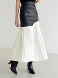 [EWQ] Sweet Style Patchwork Pu Skirt For Women High Waist Midi Folds Pleated Skirts Female  Autumn New Fashion Clothing Y331