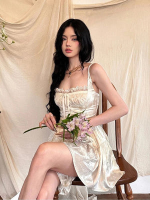 Women's Hollow Sexy Dress Women Spaghetti Straps Sleeveless Off Shoulder High Waist Mini Dress Lace Palace Retro Party Dresses