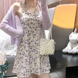 Woloong Floral Slip Dress Fairy Dress Ladies Mini A-line Strap Dress  High Waist Ruched Purple Sundress For Women Spring  Clothing Robe Femme