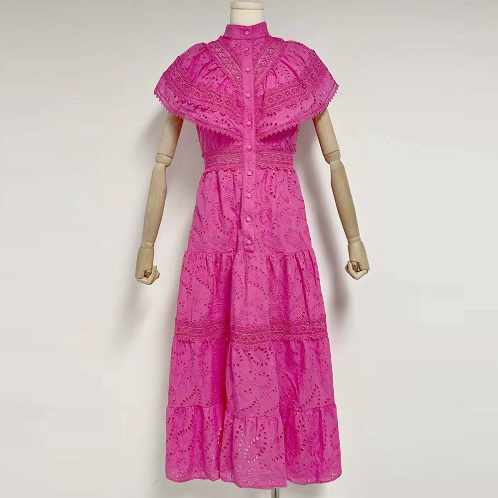 Embroidery Summer Dresses For Women Stand Collar Short Sleeve High Waist Folds Summer Dress Female Fashion Clothing
