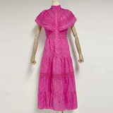 Embroidery Summer Dresses For Women Stand Collar Short Sleeve High Waist Folds Summer Dress Female Fashion Clothing