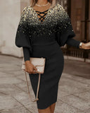 Autumn Winter Ladies Black Print Mid Dress Women Slim Beam Waist Long Sleeve Vestidos Elegant Sexy Hollow Women's Dress
