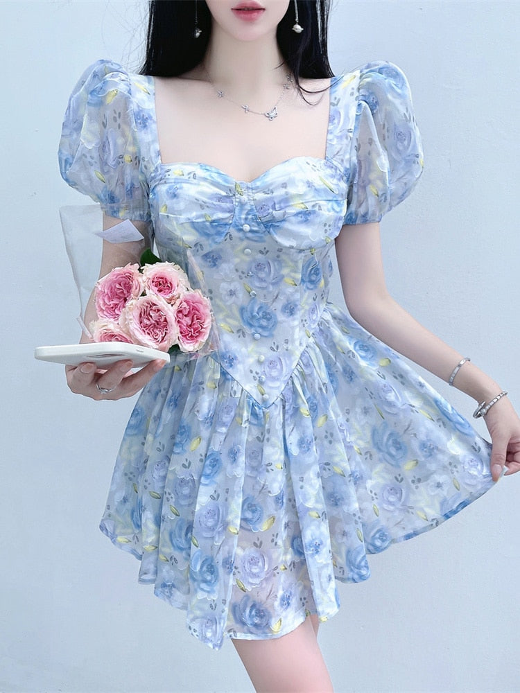 woloong Retro Chic Floral Dress Women's Summer Square Collar Dresses High Waist Short Sleeved A-line Party Slim Mini Dress Vestidos