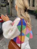 Casual Patchwork Women Knitted Cardigans Autumn Long Lantern Sleeve Crochet Sweaters Female O-neck Loose Elegant Streetwear
