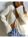 Women Pleated Plain Shirts Spring Fall Chic Long Flare Sleeve V- Neck Tie Up Cardigans Tops for Casual Party Street