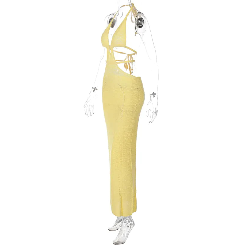 Crochet Halter Sleeveless Backless Solid Hollow Out Bandage Sexy Slim Maxi Prom Dress Winter Festival Party Outfit