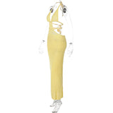 Crochet Halter Sleeveless Backless Solid Hollow Out Bandage Sexy Slim Maxi Prom Dress Winter Festival Party Outfit