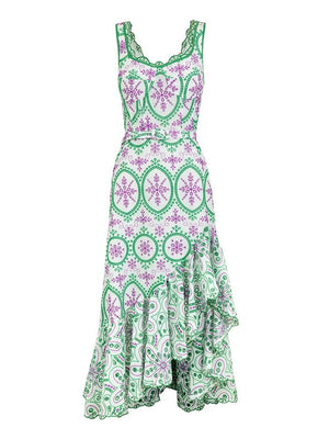 Embroidery Hollow Out Printing Dresses For Women Square Collar Sleeveless High Waist Irregular Hem A Line Midi Dress Female