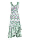 Embroidery Hollow Out Printing Dresses For Women Square Collar Sleeveless High Waist Irregular Hem A Line Midi Dress Female