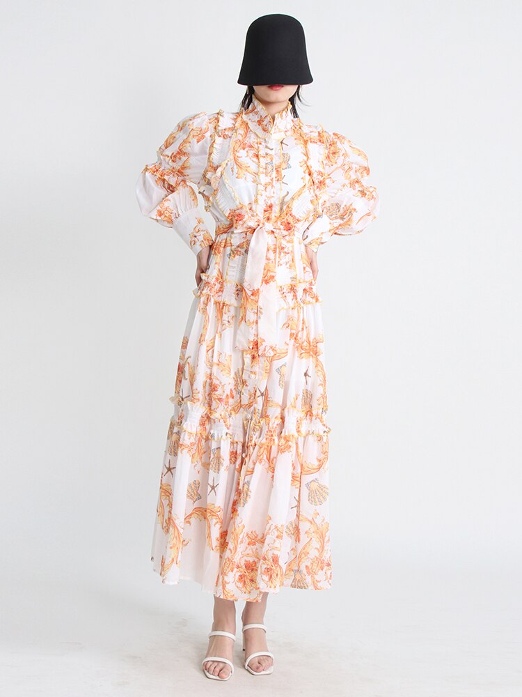 Hit Color Print Folds Dresses For Women Stand Collar Lantern Sleeve High Waist Elegant Dress Female Fashion Clothes