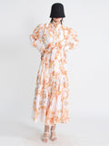 Hit Color Print Folds Dresses For Women Stand Collar Lantern Sleeve High Waist Elegant Dress Female Fashion Clothes
