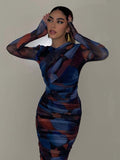 Women 2 Pieces Sets Fashion Silk Net Print Blouse Tops + High Waist Pleat Midi Skirt Set Womens Outfits