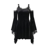 Goth Sexy Flare Sleeve Black Dress Y2K Harajuku High Waist A Line Mini Dresses Off Shoulder Punk Halloween Autumn Dress