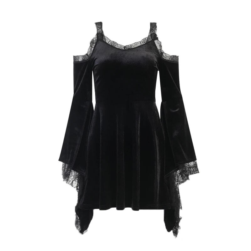 Goth Sexy Flare Sleeve Black Dress Y2K Harajuku High Waist A Line Mini Dresses Off Shoulder Punk Halloween Autumn Dress