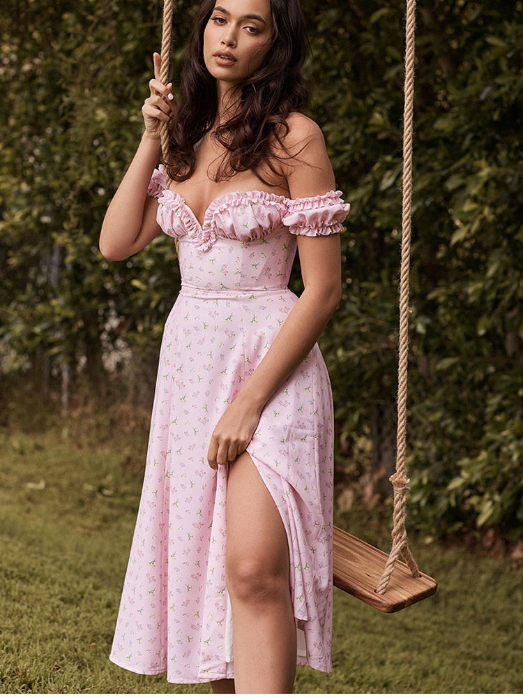 Casual Wear Summer High Quality Sexy Pink Dress Broken Off The Shoulder Backless Printing Dresses Long Skirt Women'S Clothing