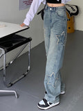 Woloong Y2k Star Patchwork Jeans Women Streetwear Low Rise Straight Leg Denim Cargo Pants Baggy Harajuku Vintage Casual Jean 90s
