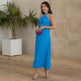 Elegant Women Blue Open Back Pleated Long Dresses Cross Neck Lace Up Sleeveless Dress Summer Female Sexy Party Club Vestido