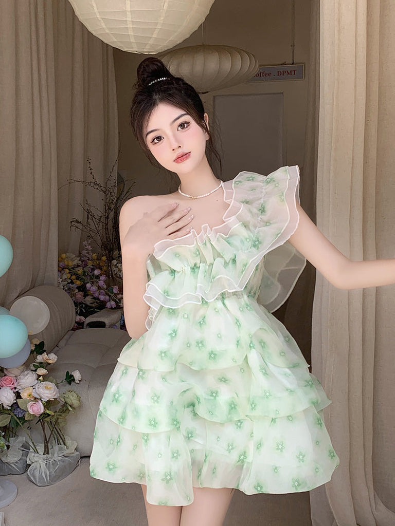 woloong  French Ruffled Dress Sweet Off Shoulder Women's Summer Sleeveless Short Floral Dress Party High Waist A-line Fairy Dress Vestido