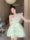 woloong  French Ruffled Dress Sweet Off Shoulder Women's Summer Sleeveless Short Floral Dress Party High Waist A-line Fairy Dress Vestido