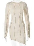 Sexy Solid Patchwork O Neck Mini Dress Women Autumn Bodycon Long Sleeve Slim Fit Elegant Party Club Vestido