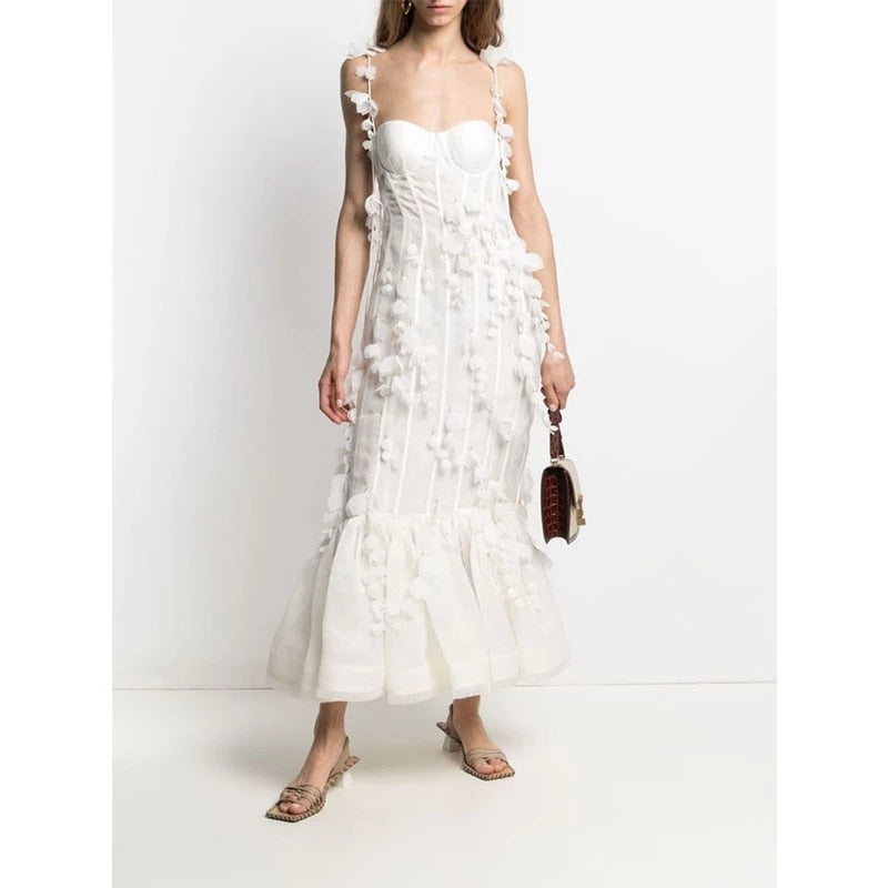 Party Dresses White Pretty Elegant Mermaid Prom Spaghetti Strap Sleeveless 3D Flowers With Chest Pad Appliques Women Dress Made