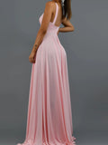 Prom Dress Women'S Clothing Elegant V-neck Solid Color Dress Sling Backless Pink Dress Slit Big Swing Evening Blue Dress Summer