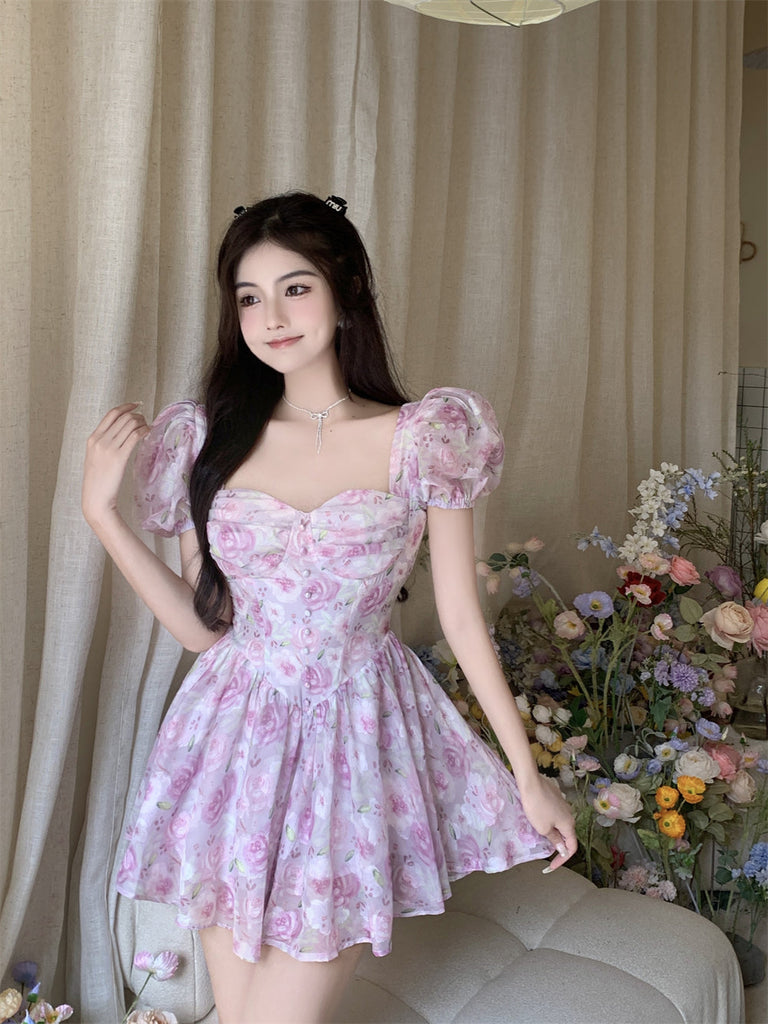 woloong Retro Chic Floral Dress Women's Summer Square Collar Dresses High Waist Short Sleeved A-line Party Slim Mini Dress Vestidos