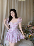 woloong Retro Chic Floral Dress Women's Summer Square Collar Dresses High Waist Short Sleeved A-line Party Slim Mini Dress Vestidos