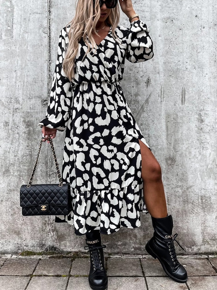 Woloong Leopard Print White Black Slit Midi Casual Winter Long Sleeve Dress V Neck Autumn Dropshipping Vestidos Femme
