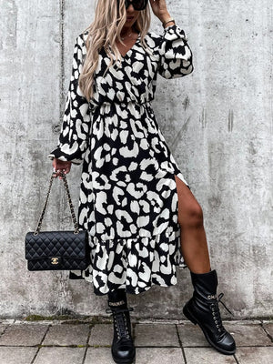 Woloong Leopard Print White Black Slit Midi Casual Winter Long Sleeve Dress V Neck Autumn Dropshipping Vestidos Femme