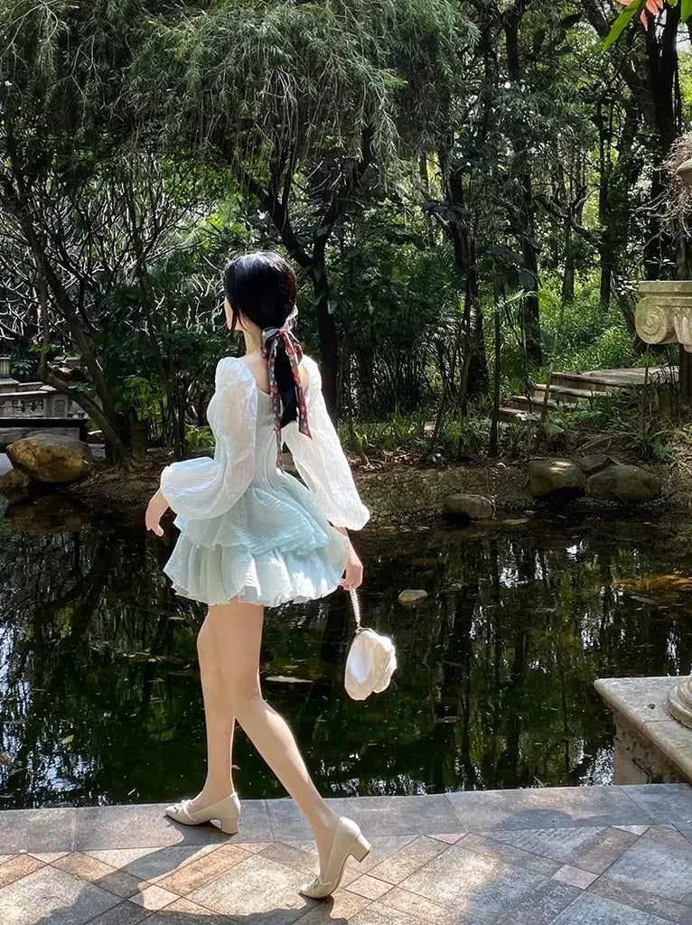Korean Style Sweet Party Mini Dress Women Green Chiffon France Elegant Dress Female Bubble Sleeve White Casual Fairy Dress