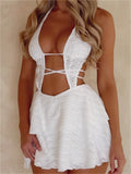 Deep V-neck Backless Mini Dress for Women Sexy Off Shoulder Hollow Out Halter Ruched Short Dress Party Club