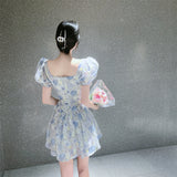 woloong Retro Chic Floral Dress Women's Summer Square Collar Dresses High Waist Short Sleeved A-line Party Slim Mini Dress Vestidos