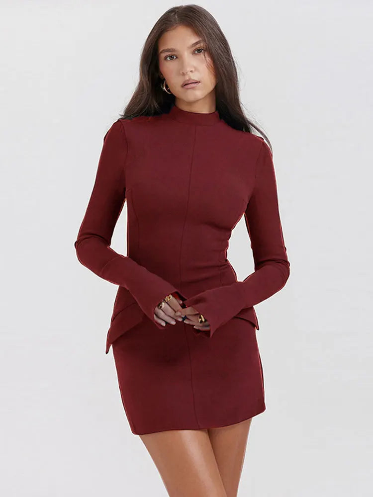 Women Elegant Dark Blue Commuting Mini Dress  Autumn Sexy Pocket Long Sleeve Bodycon Dresses Lady Chic Party Club Robe