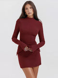 Women Elegant Dark Blue Commuting Mini Dress  Autumn Sexy Pocket Long Sleeve Bodycon Dresses Lady Chic Party Club Robe