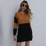 Women Winter Sweater Dresses, Women's Autumn Knitted Patchwork Pullovers Tunic Mini Dress.
