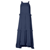 Ruffles Navy Blue A-line Loose Casual Maxi Long Summer Women Dress Halter Sleeveless Robe Party